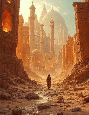 Primary subject: A man walking in a desert-like environment.

Setting/background: The man is walking down a dirt road, surrounded by a rocky landscape.

Visual style: The image is a digital art illustration.

Colors and mood: The image has a warm and earthy color palette, with a focus on the natural tones of the desert environment.
